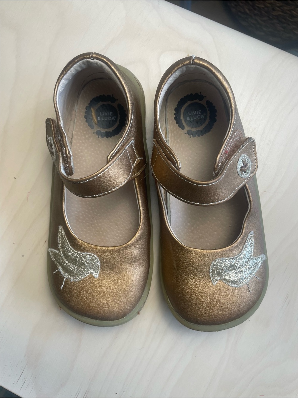 Livie & Luca Metallic Bronze Mary Jane Shoes with Glitter Bird